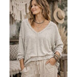 Blu Pepper Grey Striped Ribbed Knit V-Neck Pullover L Casual Granola Girl VSCO